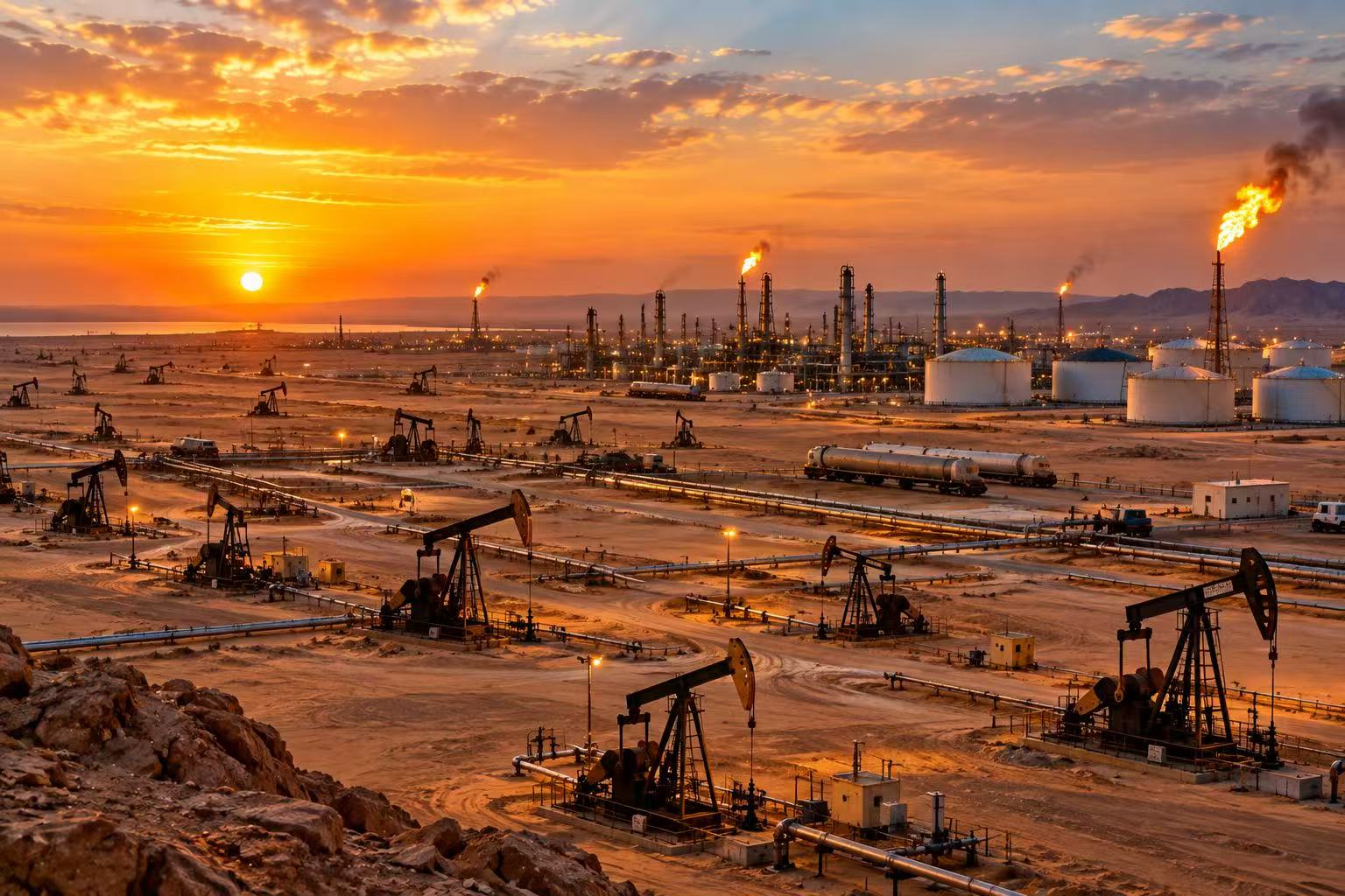 Onshore oil field at sunset
