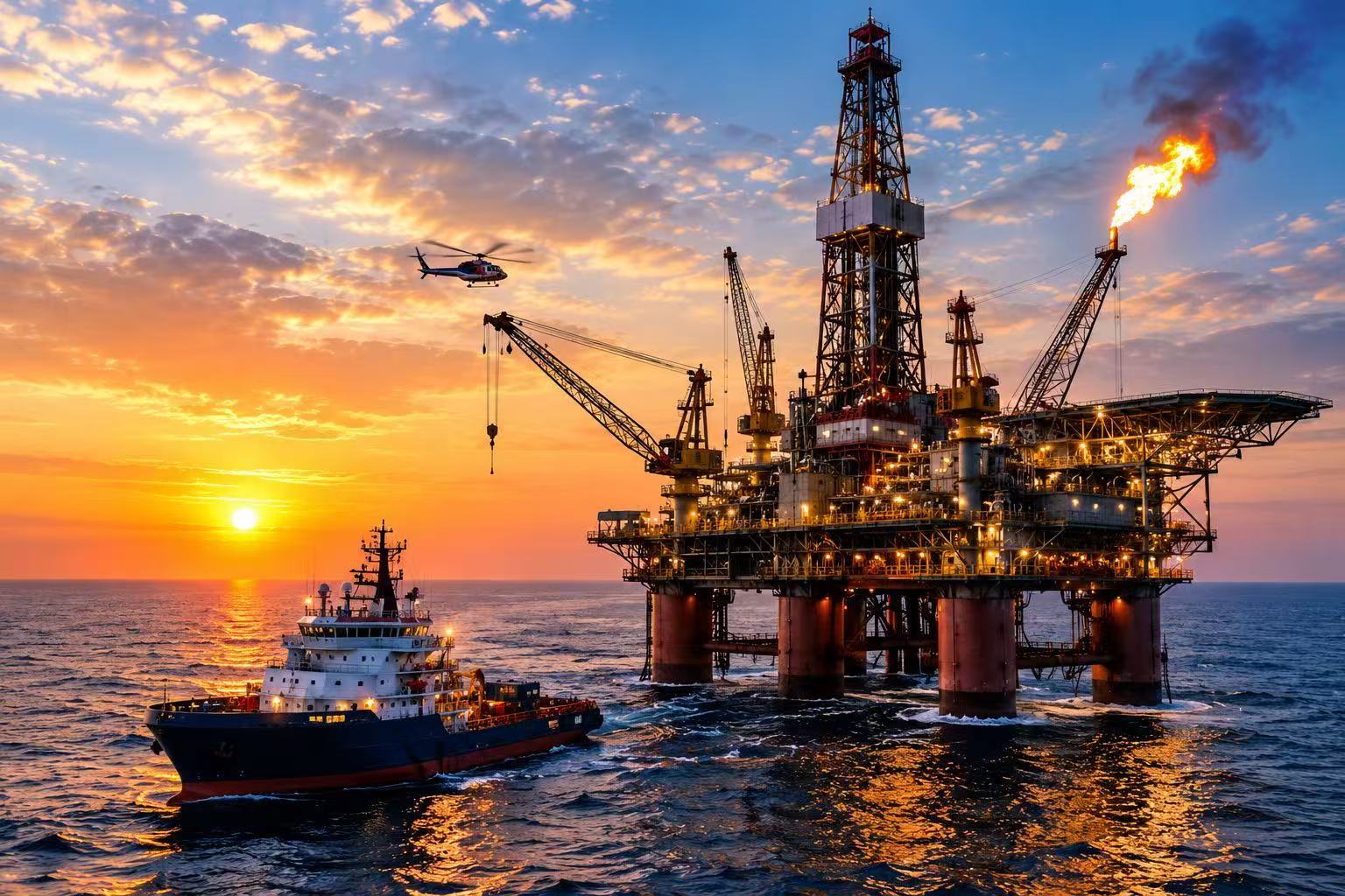 Offshore energy infrastructure at sunset